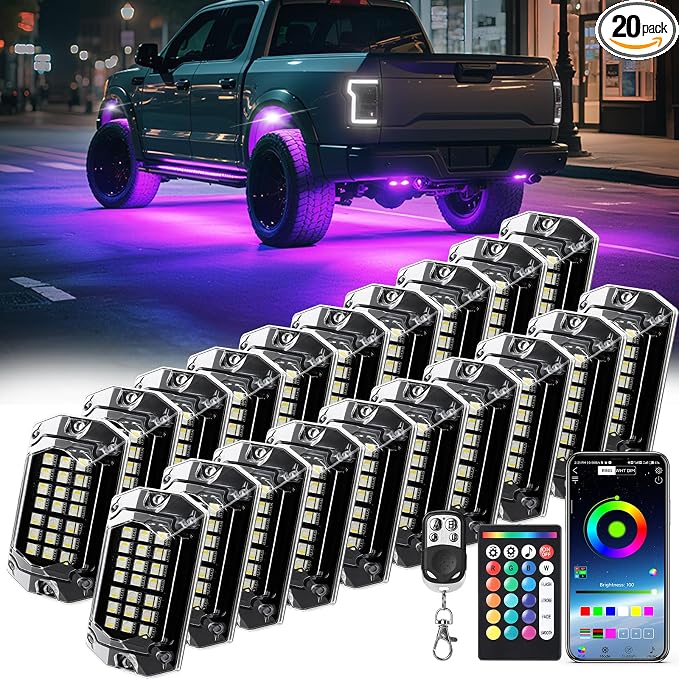 20 Pods Full Angle 230° RGBW LED Rock Lights, 6500K Pure Bright White RGB Rock Light IP68 Waterproof Multicolor Underbody Glow Kit for Semi Truck UTV Rv Boat 12V with Brake Music Sync APP/RF Control