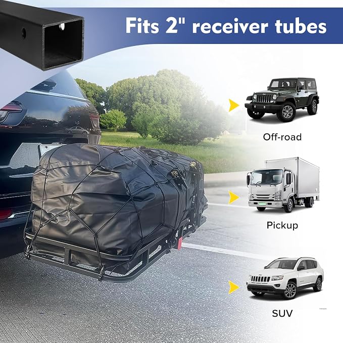53" x 19" x 5" Hitch Cargo Carrier, 500 Lbs Heavy Duty Trailer Cargo Carrier Basket, Hitch Mount Cargo Carrier with Net, Strap, Tightener, Fits 2" Hitch Receiver for Car SUV Truck Pickup
