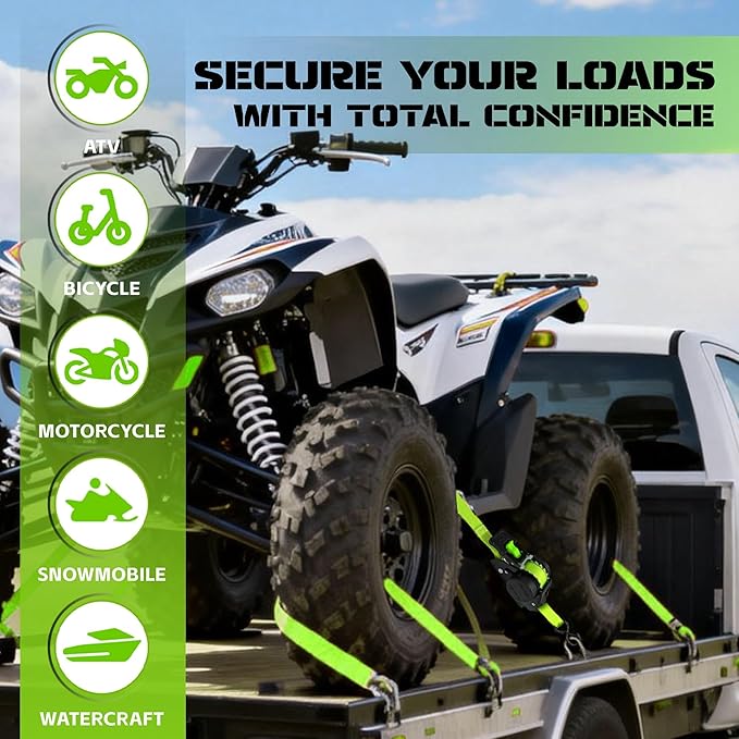 Retractable Ratchet Straps (2-Pack) - Heavy Duty Auto Slow Retraction Tie Down Straps - 1 Inch x 13 Feet (1,800lb Break Strength) for Truck, Cargo Trailer, Motorcycle, ATV, UTV - Fluorescent Green