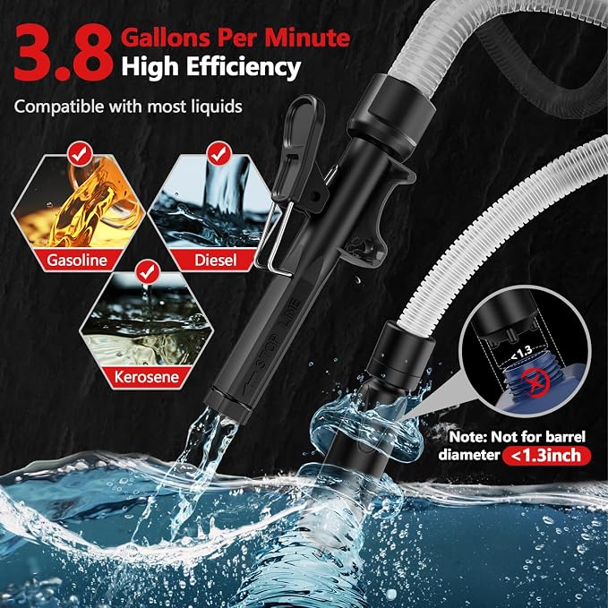 Automatic Electric Fuel Transfer Pump with Auto-Stop, 3.8GPM & 51" Hose & 4 Size Adapters Gas Can Pump with Leak Protection for Gasoline, Diesel, Kerosene, Gifts for Men Dad Him - 2nd Gen Red Black