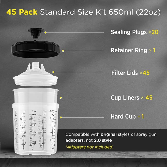 InoKraft Disposable Paint Spray Gun Cup, Paint System for HVLP and LVLP Paint Spray Paint Gun, Standard 22 Ounce (650ml) Kit with 45 Cups and Lids System, 1 Hard Cup with Retainer Ring and 20 Plugs