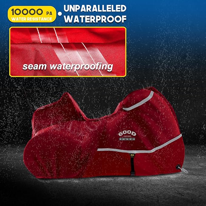 Rosefray Motorcycle Cover with Side+Top Box Heavy Duty 600D Waterproof for Touring Models Harley Davidson Ultra Limited,Road Glide Limited, Gold Wing,Road Master,Indoor & Outdoor Storage Red