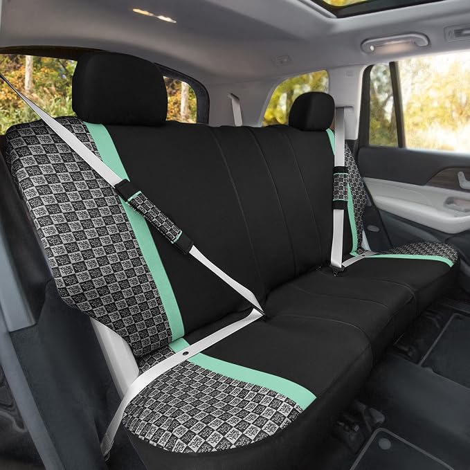 We Are Young Life is Fun™ Checker Car Seat Covers Universal Fit Interior Accessories Full Set Mint Seat Cover Combo Steering Wheel Cover and Seat Belt Pads, Airbag and Split Rear Car Seat Covers