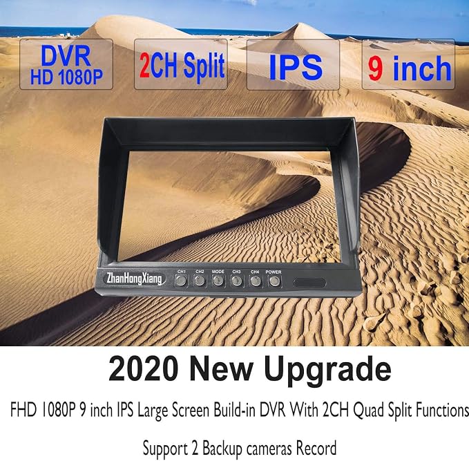 1080P RV Backup Camera Wired System,9 inch AHD 2-Split DVR Monitor Waterproof 8LED IR Night Vision Reverse Rear View Mirror Camera 12V-24V for Semi Bus Truck Trailer Camper