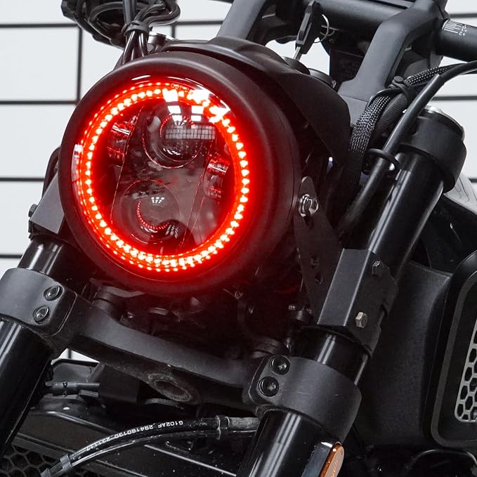 5.75inch 5-3/4 Black Motorcycle Headlight Smoked Red Halo DRL with Matte Black Housing Bucket 32-40mm Fork Tube Side Mount Brackets Compatible with Motorbikes