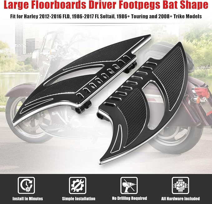 Goldfire Large Floorboards Driver Footpegs Front Rider Foot Rest Pedal Bat Shape Motorcycle Accessories Fit for Harley 2012-2016 FLD, 1986-2017 FL Softail, 1986+ Touring and 2008+ Trike Models, Black