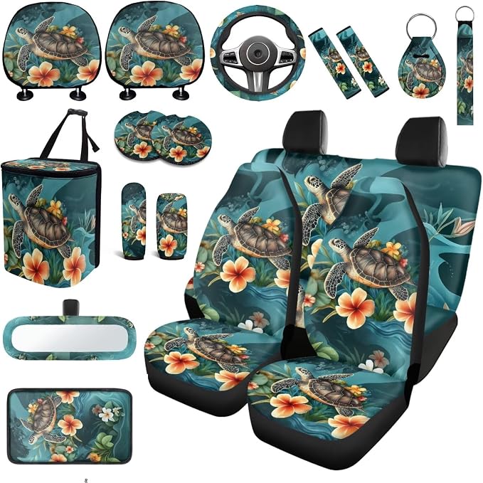 Sea Turtl Car Seat Covers Full Sets 18 Pack Universal Car Interior Accessories Sets with Sea Turtle Car Seat Belt Pads Cover Covers for Steering Wheel Car Trashcan Soft Car Headrest Covers