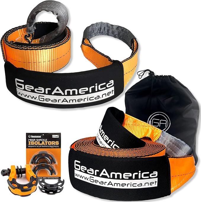 Mega Shackles Isolators–Only for GA Mega Shackles (2PK) + 1 Tree Saver Strap 3" x 8' – Certified 35053 lbs (17.5 US Tons) + 1 Tow Straps Heavy Duty with Loops 4" x 30'–46076 lbs (20 US Tons) Strength