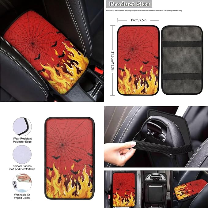 Flame Spiderweb Bats Car Interior Accessories Set of 8, Car Seat Covers Full Set with Auto Steering Wheel Cover Center Console Pad Seat Belt Covers, Auto Halloween Decorations
