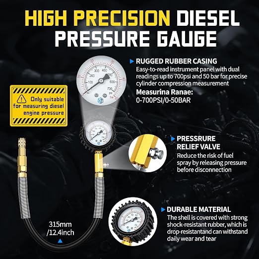 Kuntech 46PCS Compression & Leak Down Tester Kit Dual-Gauge for Petrol/Diesel Engines, Cylinder Leak Detector with Quick-Connect Hose, Compression Tester Kit for HDI, TDCi, Pumpe Duse Engine