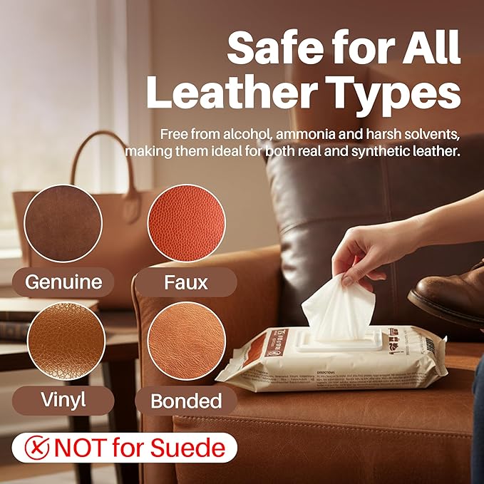 3in1 Leather Wipes 75 XL Count, Clean, Condition & Restore Shine, Extra-Large 8"x10" Wipes for Car Seats, Shoes, Furniture & Bags, Thick, Durable & Non-Linting, Safe for All Leather Types