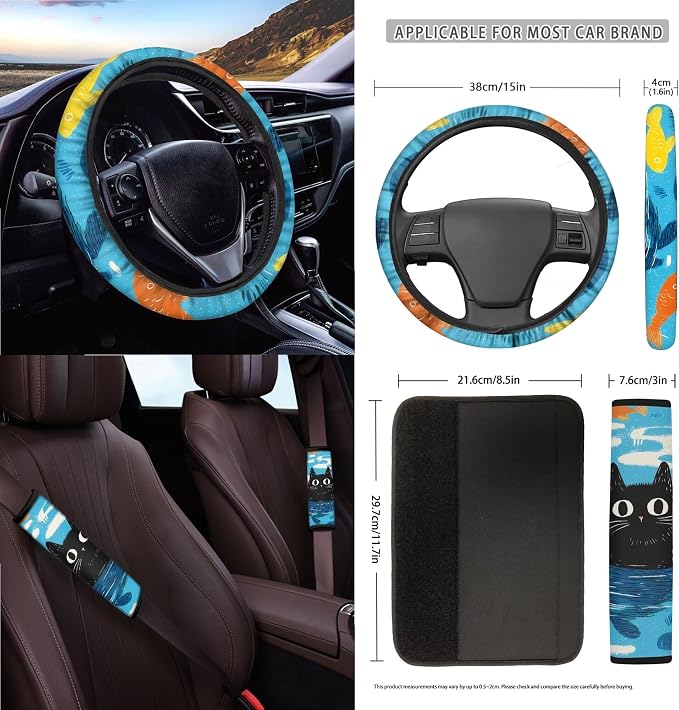 Cartoon Cat Print Car Front Back Seat Covers Set of 15 Steering Wheel Covers Trash Cans Air Vent Storage Bag Seatbelt Strap Cover Rear View Mirror Covers Cup Coasters Keychain