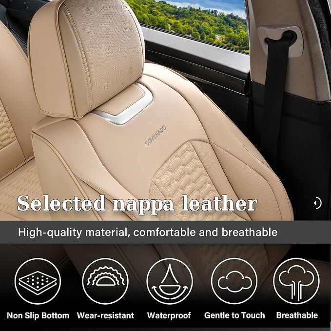 Coverado Car Seat Covers Front Seats, Luxury Leather Seat Covers for Cars, Automotive Car Seat Covers Protector Universal Fit Most Sedans, SUVs, Pick-up Trucks Interior Accessories(Beige)