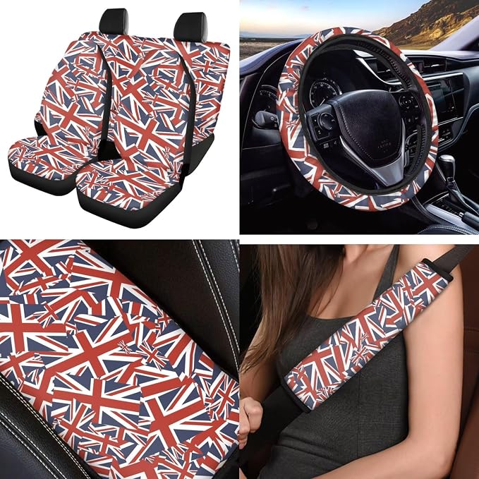 Union Flag 12 Pack Car Seat Covers Full Set with Car Steering Wheel Cover Arm Rest Cover Auto Seat Belt Cover Cup Coasters and Keychain Holder Universal Fit Most Cars SUV
