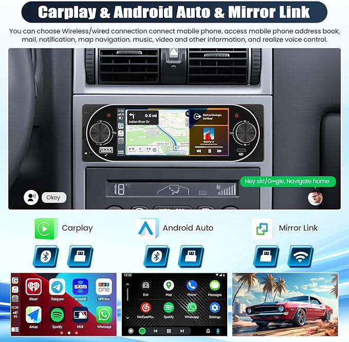 Single Din Touchscreen Car Stereo with Wireless Carplay&Android Auto,5.1" Car Radio MP5 Player with Bluetooth FM Radio EQ Car Audio with USB/Type-C SWC+Backup Camera
