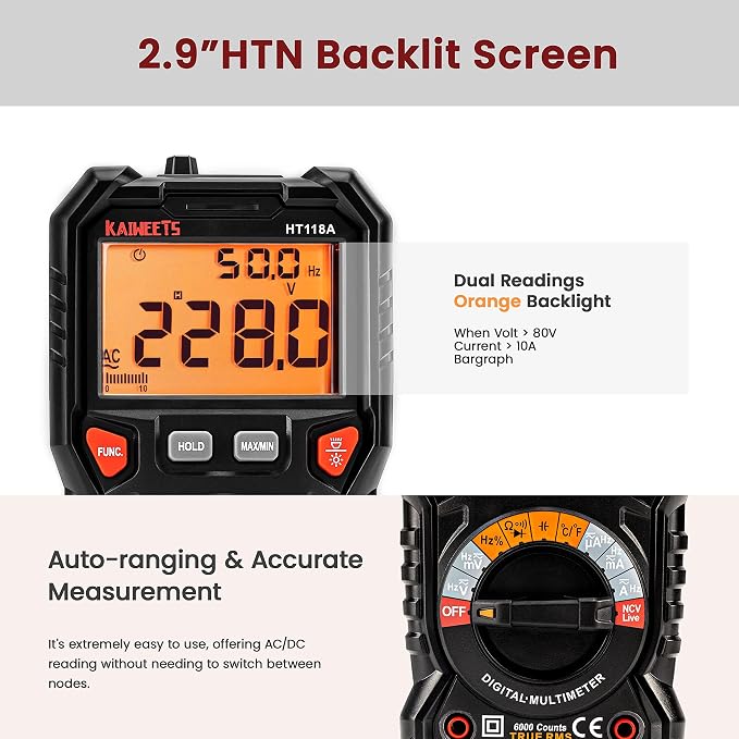 KAIWEETS HT118A Digital Multimeter TRMS 6000 Counts Voltmeter and KET20 Silicone Multimeter Test Leads with Gold-Plated Probes