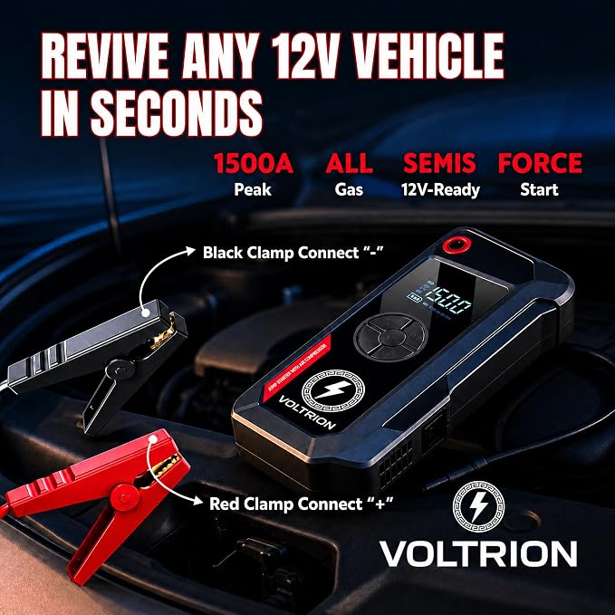Jump Starter with Air Compressor, 1500A Car Battery Booster for 12V Gas and Diesel, Cars to Semi-Trucks, 150 PSI Digital Tire Inflator, 12000mAh Power Bank, LED Light, Portable Jump Box