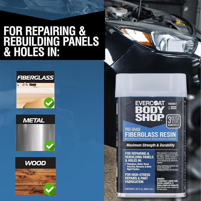 Evercoat Body Shop 105006 Pro-Grade Fiberglass Resin for Repairing and Rebuilding Panels & Holes in Fiberglass, Metal, Wood & More, Easy Mix Hardener Included 128 Fl Oz.