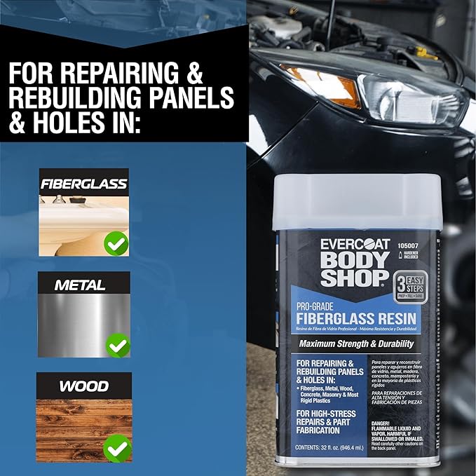 Evercoat Body Shop 105007 Pro-Grade Fiberglass Resin for Repairing and Rebuilding Panels & Holes in Fiberglass, Metal, Wood & More, Easy Mix Hardener Included 32 Fl Oz.