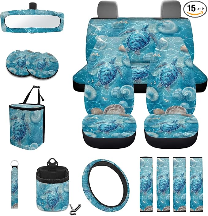 Turtle Shell Print Universal Fit Car Seat Cover Set Seatbelt Strap Pad Steering Wheel Covers Air Vent Storage Holder Trash Cans Cup Coasters Rearview Mirror Cover Keychain, 15 Pieces