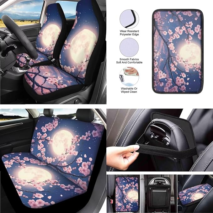 Cherry Blossom 13 Pcs Pattern Car Seat Covers Classical Pink Cherry Blossom Set Steering Wheel Cover Cup Coasters Moon Aesthetics Trucks Sedan SUV Cover Armrest Cushion Pad