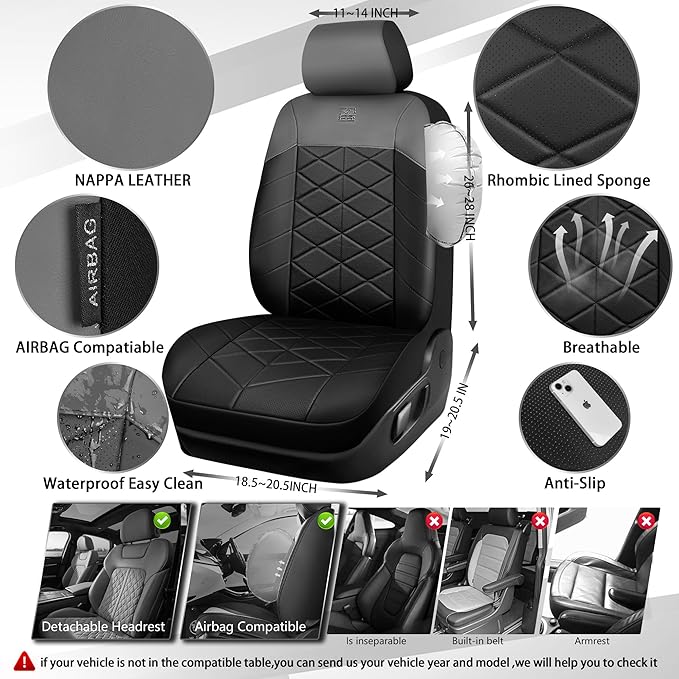 CAR PASS Nappa Leather Waterproof Car Seat Covers Two Front, 3D Foam Automotive Seat Covers with Memory Foam, Universal Fit for Cars SUV Truck Sedan, Airbag Compatible,Black Grey