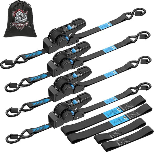 CARTMAN 4-Pack Retractable Ratchet Straps, 1” x 10’ 1500lbs Break Strength, Heavy Duty Tie Down Straps with Soft Loops, Ideal for Trucks, Trailers & Cargo