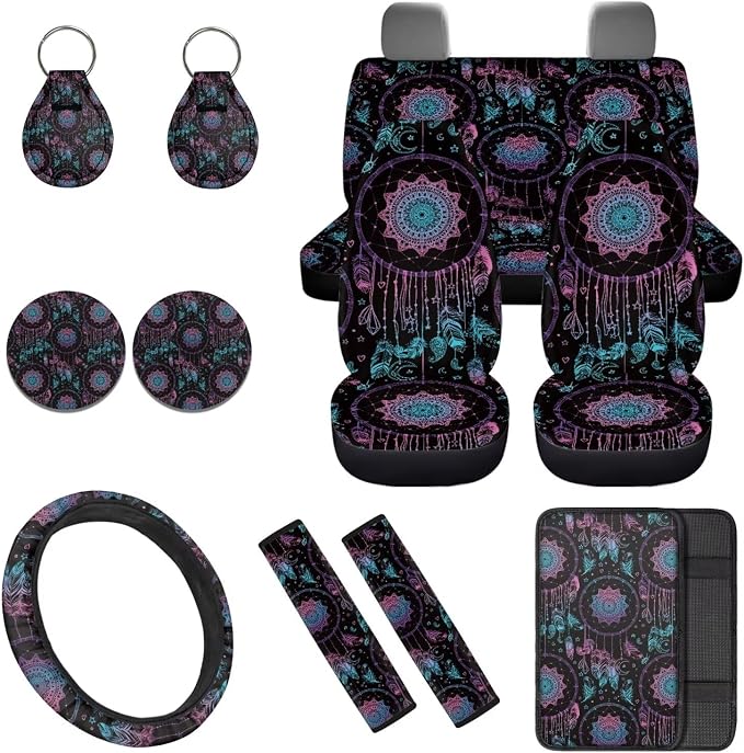 Purple Dreamcatcher Car Seat Covers Full Set 12 Pack with Steering Wheel Cover,Seat Belt Covers Cup Holder with Keychain,Novelty Automotive Protector Set Unverisal Fit Cars SUV