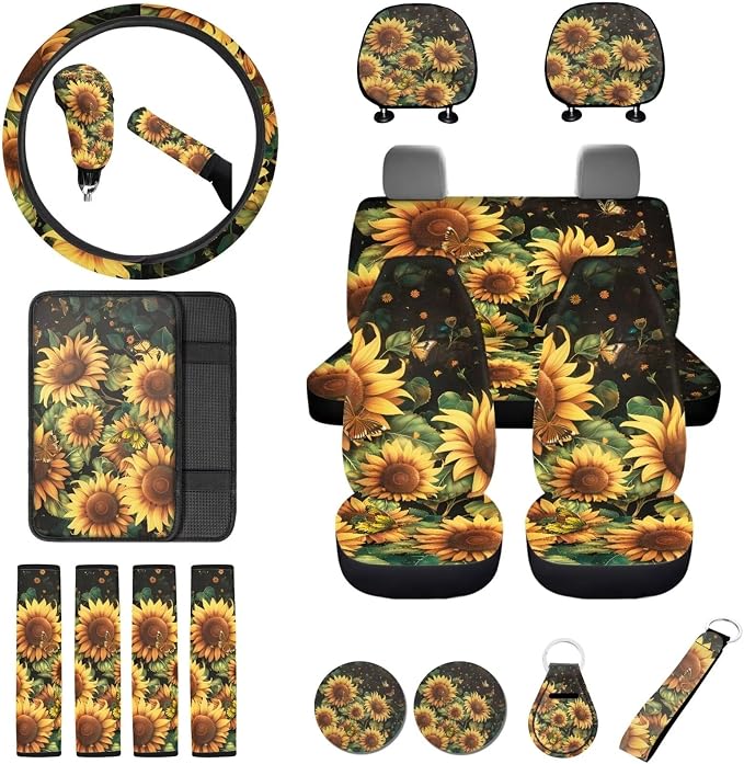 Sunflower Car Seat Covers Full Set with Steering Wheel Cover Set of 18 Flower Head Rest Protector+Seat Belt Shoulder Pads+Car Cup Coaster+Handbrake Cover+Armrest Cushion and Keychain
