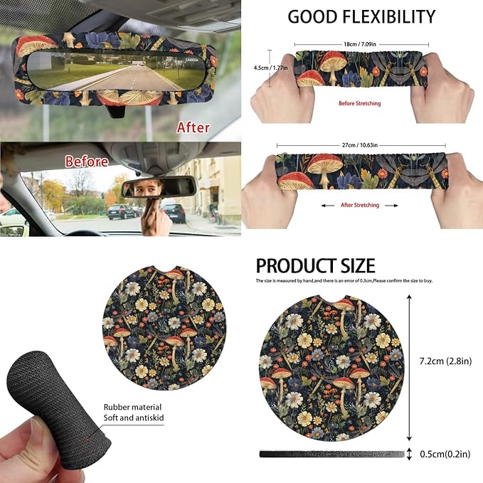 Dasiy Mushroom Car Seat Covers Full Set 15 Auto Steering Wheel Cover Seatbelt Shoulder Pad Coasters Garbage Bin Rear View Mirror Cover Keychain for SUV Van Truck