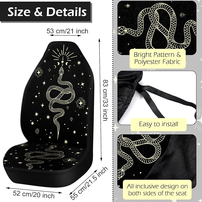 Riakrum 15 Pcs Boho Celestial Snake Seat Covers Full Set Thick Car Front and Back Steering Wheel Cover Seatbelt Strap Armrest Pads Cup Mat Wrist Strap Key Chains for Auto Truck