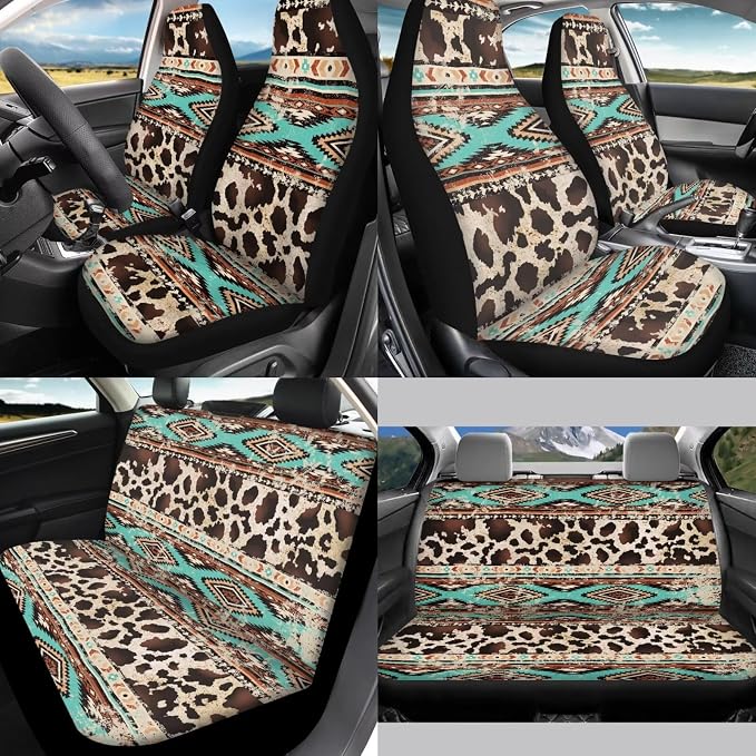 Aztec Cow Print Car Seat Covers Full Set 12 Pack Car Steering Wheel Cover Auto Seat Belt Cover Center Console Cover Cars Coasters Gear Lever Cover for Most Cars, SUVs
