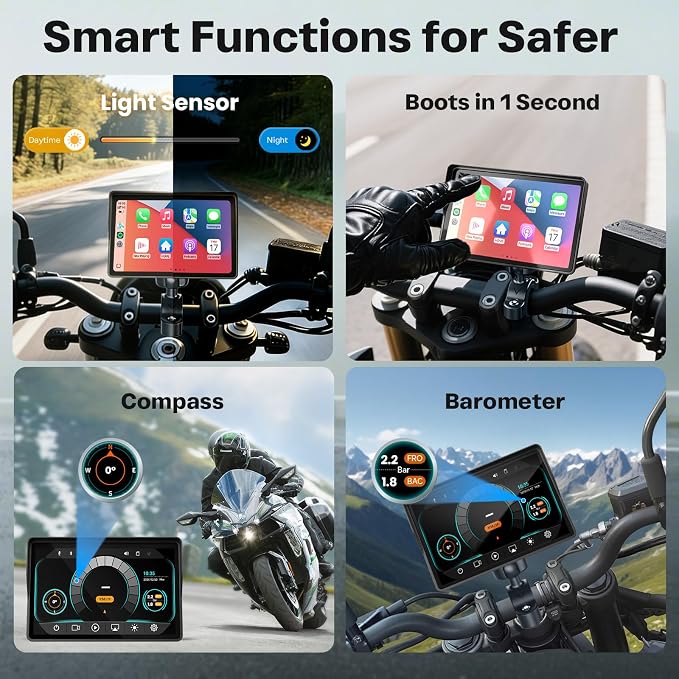 WonVon Motorcycle CarPlay Screen with Android Auto – 7” Waterproof GPS, Pantalla para Moto, Apple CarPlay, Navigation System for Motorcycle, Dual 2K Dash Cam Bluetooth Audio,64GB&TPMS with Magnetic