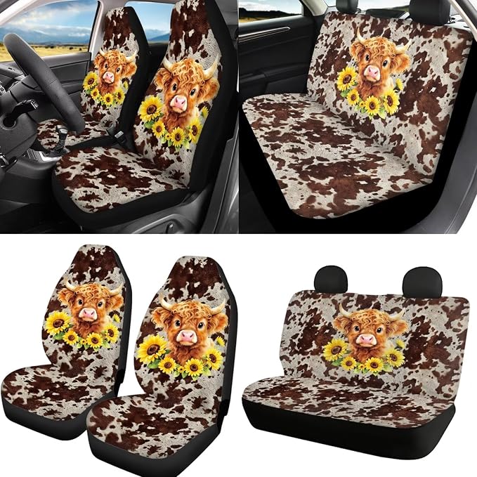 Sunflower Printed Car Seat Cover Full Set with Steering Whell Cover Seatbelt Cover Highland Cow Print Auto Seat Protector Universal Auto Interior Accessories, Brown
