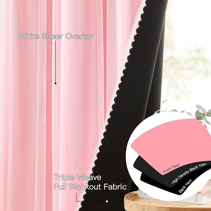 XiDi Pink Blackout Curtains for Girls Bedroom Living Room 63 Inches Long 2 Panels Thermal Insulated Double Layer Curtains with Sheer Overlay Lace Hem for Nursery Kids Princess Grommet Drapes 34Wx63L