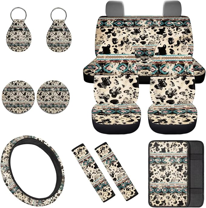 Cow Print Aztec Car Seat Covers Sets 12 Pieces Center Console Cover Car Steering Wheel Cover Seat Belt Pads Car Interior Accessories Universal Fit for Cars SUV