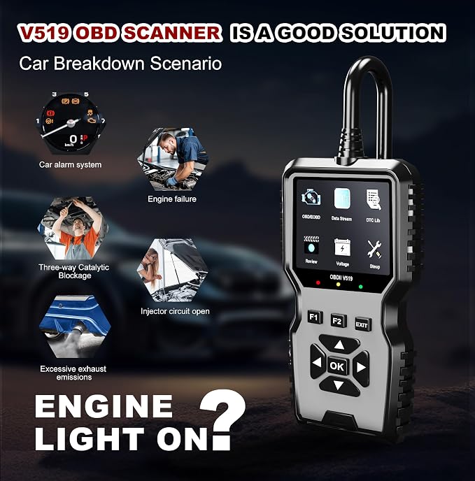 V519 OBD2 Diagnostic Scanner Tool - Vechicle Check Engine Light Code Reader with Battery Voltage Tester, I/M Readiness, Reset, and Code Eraser for All OBDII Car Since 1996 Grey