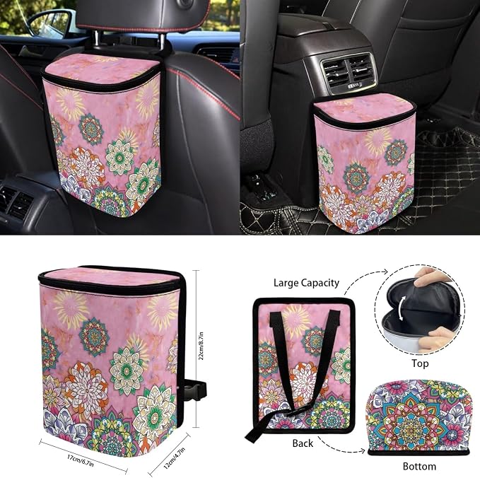 Pink Mandala Car Accessories Auto Seat Covers Full Set of 15 with Steering Wheel Cover, Seat Belt Pads, Trash Can, Coaster, Rearview Mirror Cover, Keychains for SUV Van