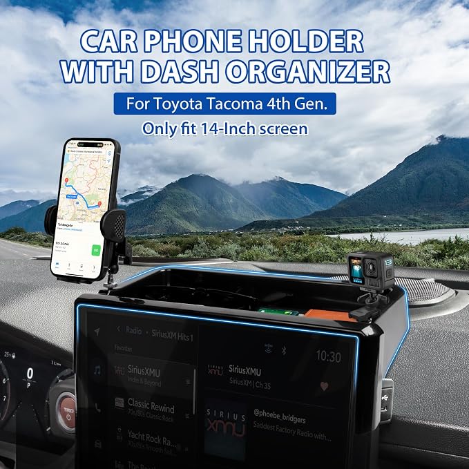Autorder Car Phone Holder for Toyota Tacoma 2024-2025 2026/4Runner 2025-2026 Accessories Center Console Dash Organizer with 2 Expansion Ports Hands-Free 360 Degree Rotation Phone Mount(14'' Screen)