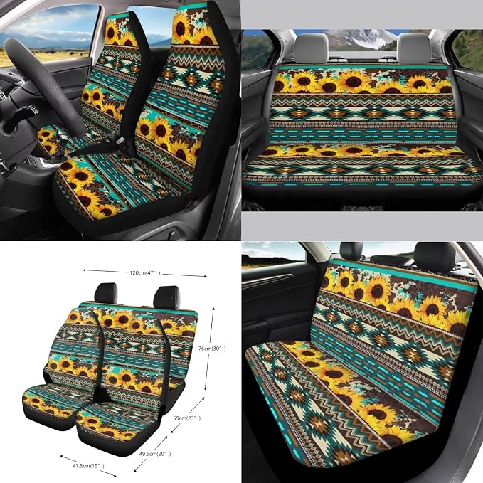 Wanyint Aztec Sunflower Blue Car Seat Cover Set 15 PCS, with Steering Wheel Cover Seat Belt Cushion Pad Garbage Bag Air Vent Pocket Rearview Mirror Cover Coasters Keychain for SUV Trucks Vans Sedans