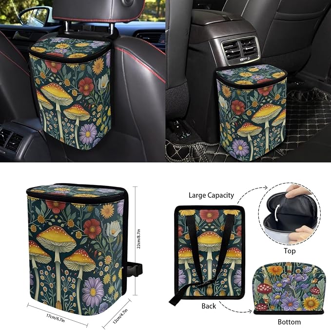 15 Pcs Forest Mushroom Auto Interior Accessories Car Seat Covers with Auto Steering Wheel Cover Seat Belt Covers Car Trash Can View Mirror Cover Coaster Keychains