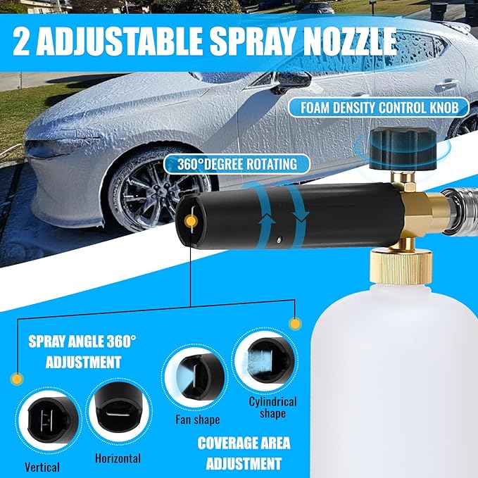 Foam Cannon Dual Connector Accessory/Foam Cannon Dual Tech, Dual Connector Foam Cannon for Pressure Washer. 1/4" Quick Connect, M22, 4000 PSI, 1.5L Tank + 7 Nozzles - Car, Home & Outdoor Cleaning