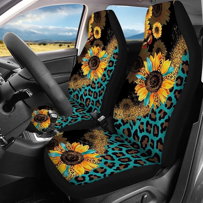 Wanyint Leopard Sunflower Print Car Seat Cover Split Covers for Women Men,Car Steering Wheel Cover Seatbelt Strap Shoulder Cover Coasters Armrest Pad Handbrake Cover Gear Shift Cover