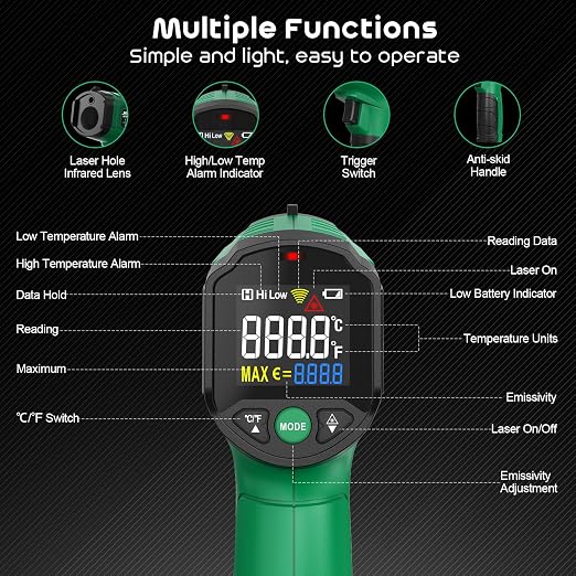 Infrared Thermometer Gun,SQECH Laser Thermometer Gun -58℉～1112℉(-50℃～600℃),Non-Contact Temperature Gun with Adjustable Emissivity&Color Backlight for Cooking, Pizza Oven,BBQ,Fridge,Engine,HVAC(Green)