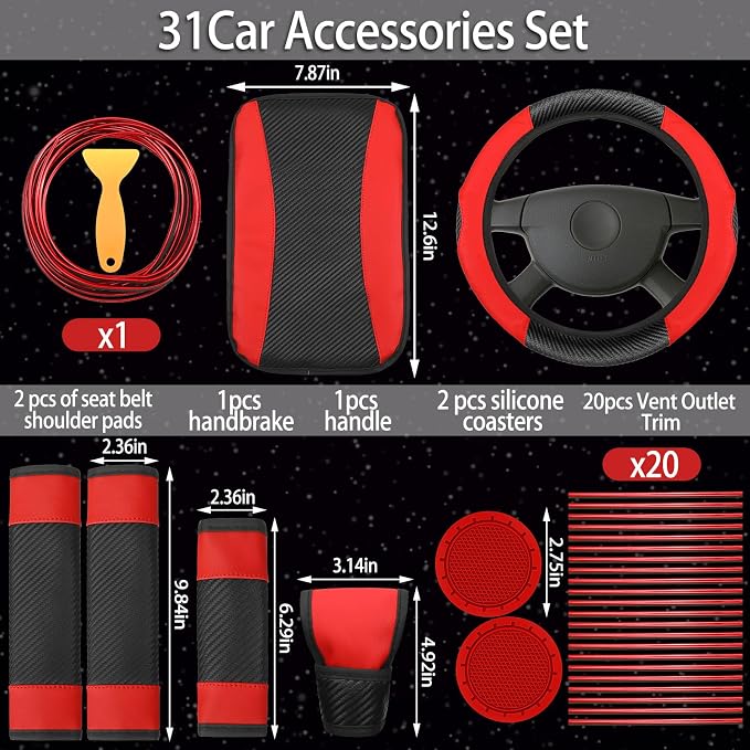 Estune 41 Pcs Black Red Car Accessories Set Automotive Seat Covers Steering Wheel Cover Seat Belt Pad Shift Sleeve Start Button Rings Armrest Cup Holders Vent Outlet Trim Scraper for Auto Interior