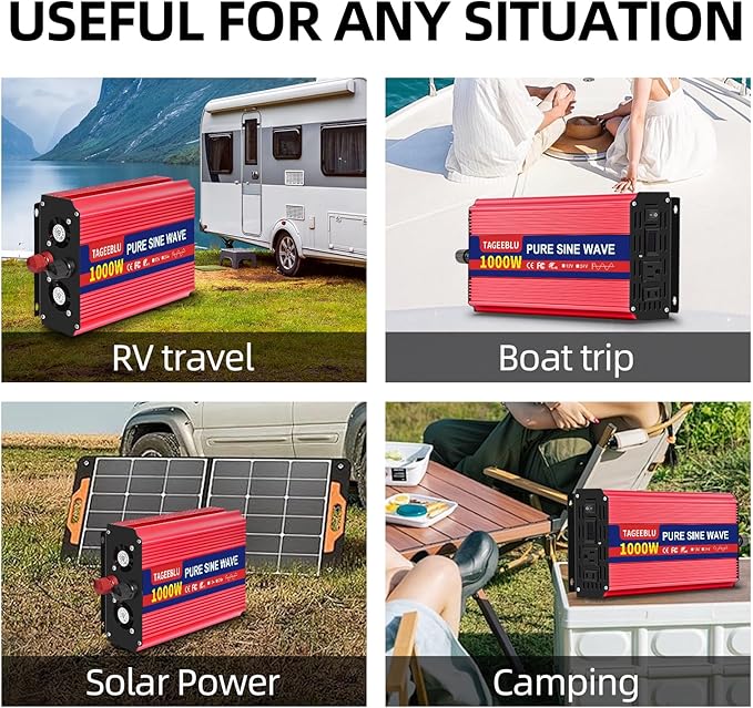 1000W Pure Sine Wave Inverter - 2000W Surge Peak, 24V DC to 110V AC Heavy Duty Power Inverter for RV, Truck, Home, Solar, Off-Grid, Outdoor, Car Converter with Dual AC Outlets and LCD Display