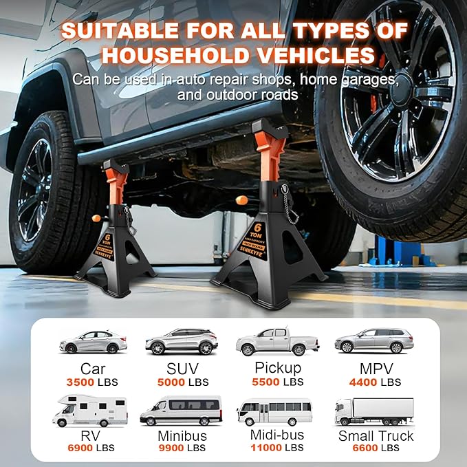 6 Ton (13,200 LBs) Jack Stands with Crossbars,Double Pin Locking,Rubber Cover,Large Foot Base,15"-22" Adjustable Height,Heavy Duty Car Jack Stands,Lifting Bus,RV,SUV,MPV,Pickup Truck,2 Pack