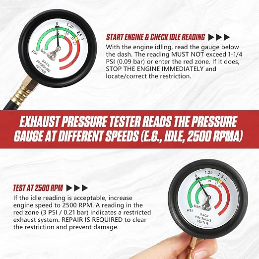 Exhaust Back Pressure Tester Kit, Professional Automotive Exhaust Back Pressure Gauge Set with 5-Foot Hose, Adapters & 2 Clamps