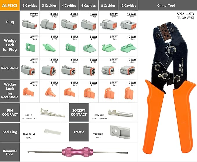 217PCS 12 Kits Deutsch DT Connector Kit with Crimper & Terminal Removal Tool - IP68 Waterproof 2 3 4 6 8 12 Pin Automotive Electrical Connectors & Size 16 Stamped Contacts for Car Truck Marine Wiring