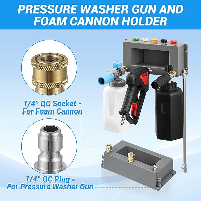 PWACCS Pressure Washer Gun Holder, Foam Cannon Holder, Pressure Washer Nozzle Tip and Wand Holder, 1/4" Quick Connect Automatic Foam Cannon Mount, Pressure Washer Accessories Storage Rack, 1 Pack